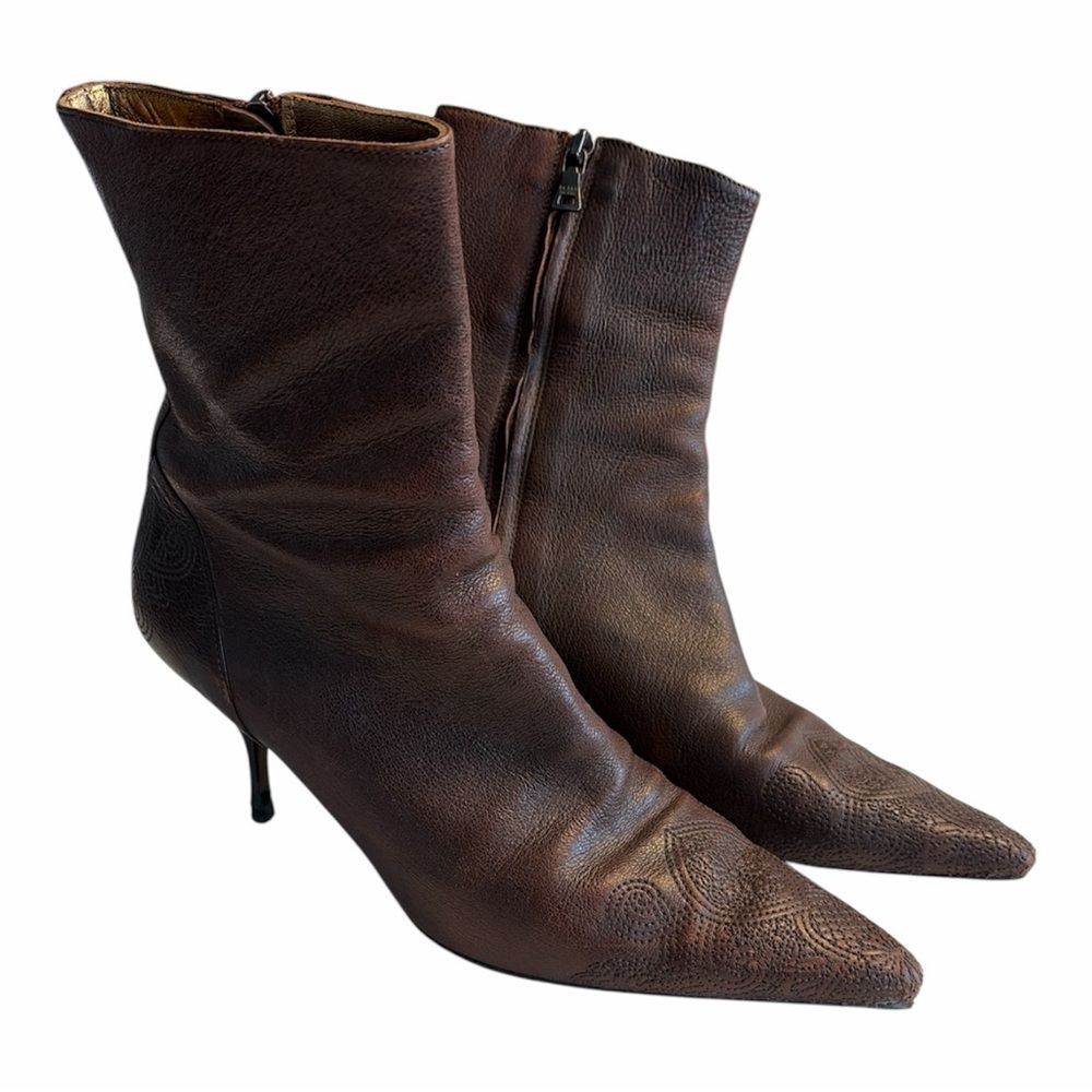 Prada Brown Leather Embroidered Pointed Toe Kitten Heel Bootie Italy EU 38.5 Y2K